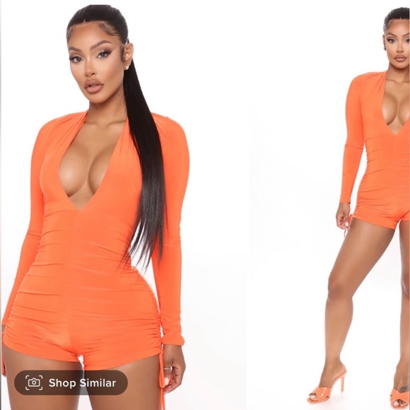 Orange Ruched Romper Long Sleeve V Neck Cut Size Small Fashion Nova - Picture 1 of 5